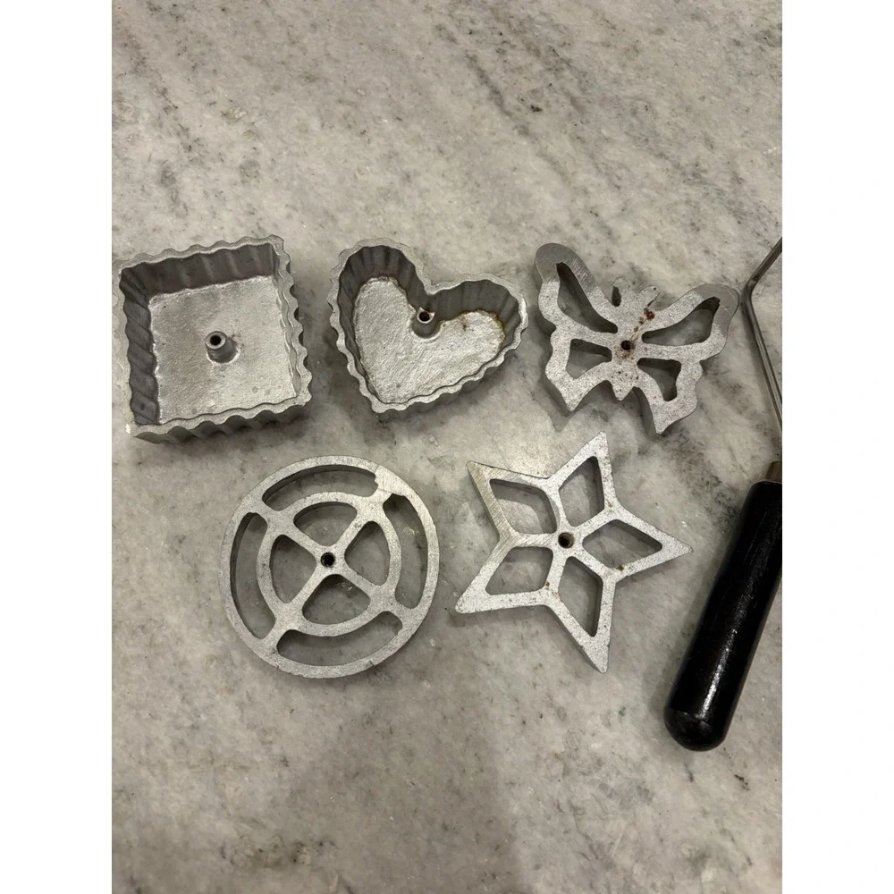 Vintage Rosette Timbale Iron Set 5 Molds Heart Star Butterfly Square Rou